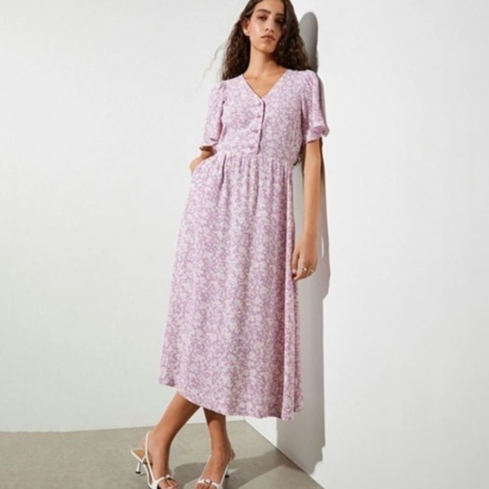 & Other Stories Midi Dress Floral Print Purple V Neck Short Sleeve Button Front